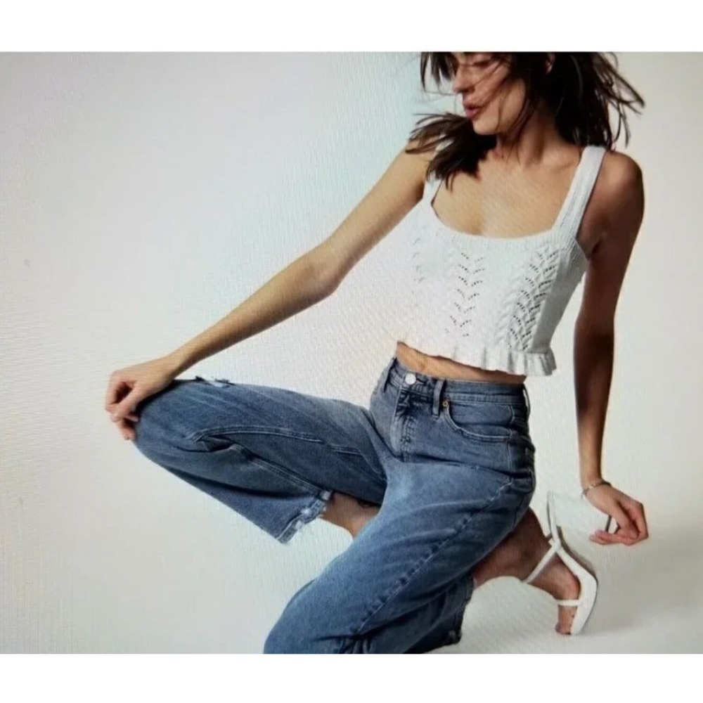 Nicole Miller Tank Top Womens L Ivory NWT Pointelle Cable Knit Ruffle Crop Top